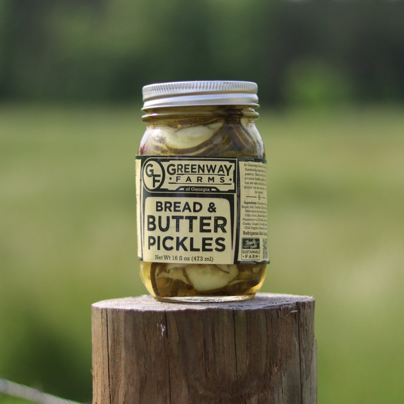 Jar of Greenway Farms Bread and Butter Pickles on a wooden post, showcasing the 16 oz size, with a blurred green background emphasizing the farm-fresh quality.
